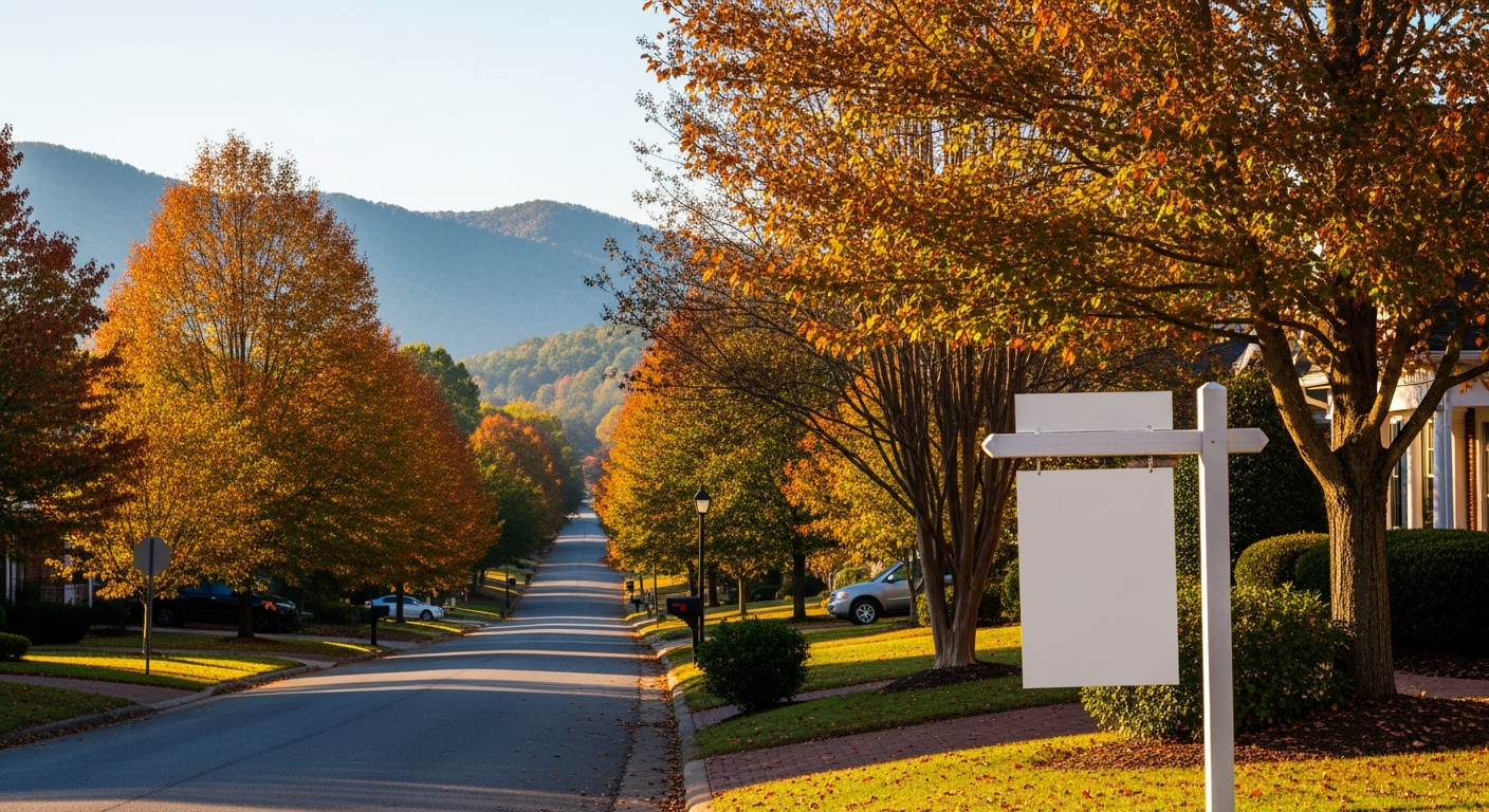Tree-lined Roanoke Valley street in fall with golden morning light and a for-sale sign