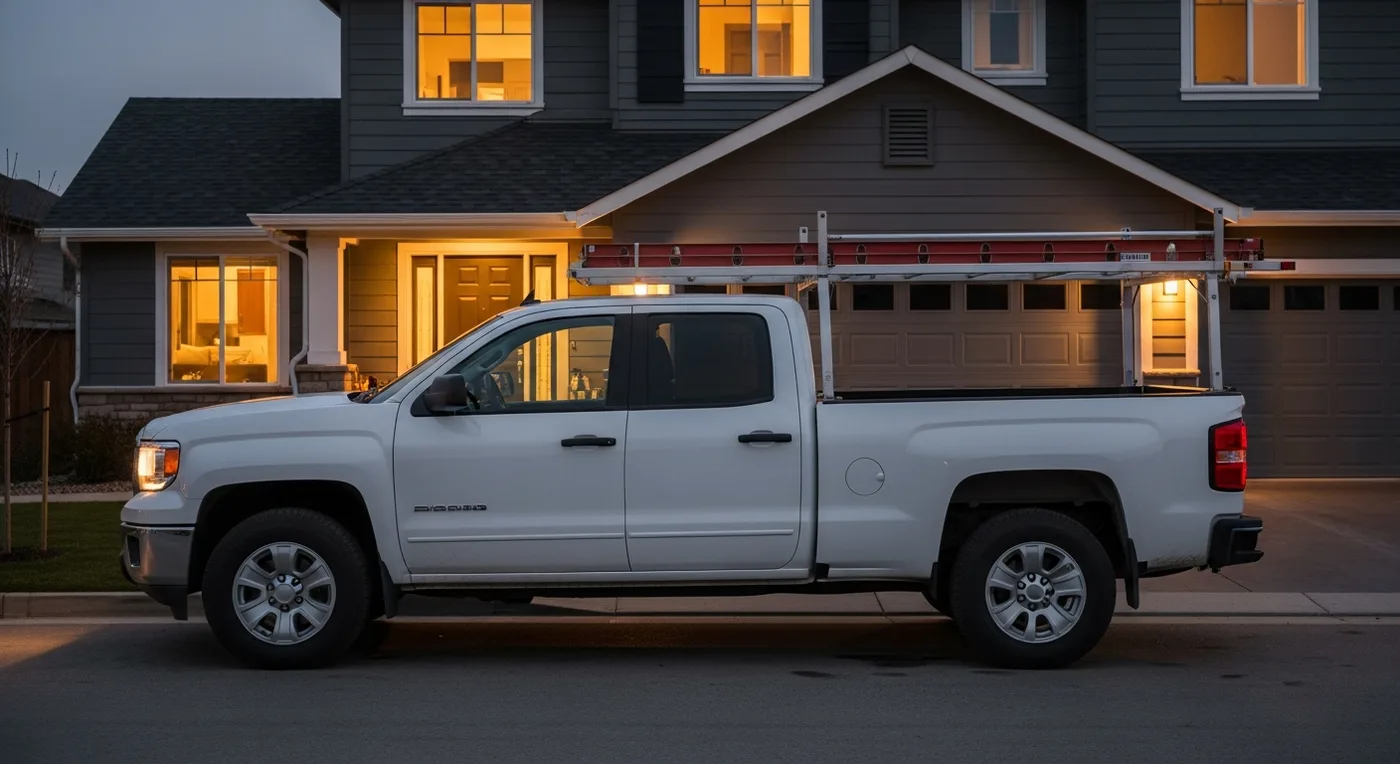 A work truck parked outside a home at dusk