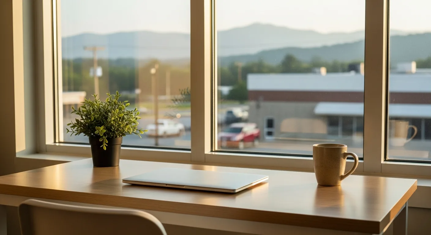 A sunlit desk with a laptop and coffee beside a window overlooking the Blue Ridge mountains of the Roanoke Valley