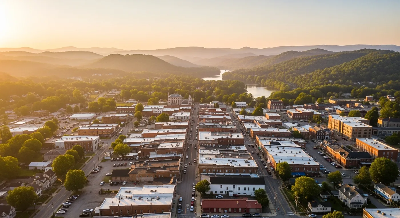 Golden-hour view over the Roanoke Valley and Blue Ridge mountains