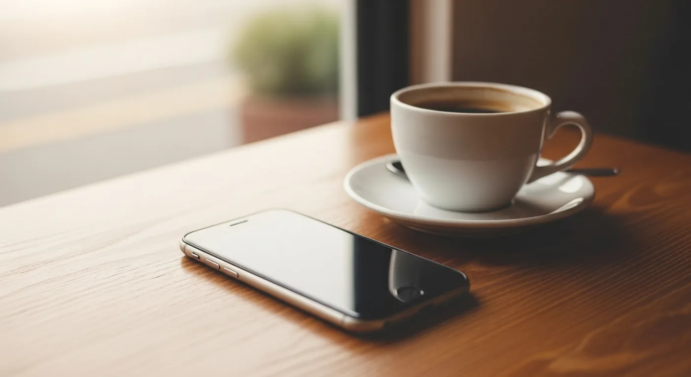 A phone resting face-down beside a coffee in warm morning light
