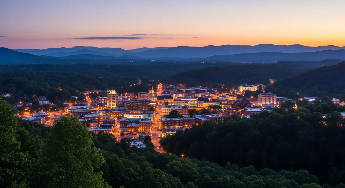 The Roanoke Valley at dusk with city lights and Blue Ridge mountains