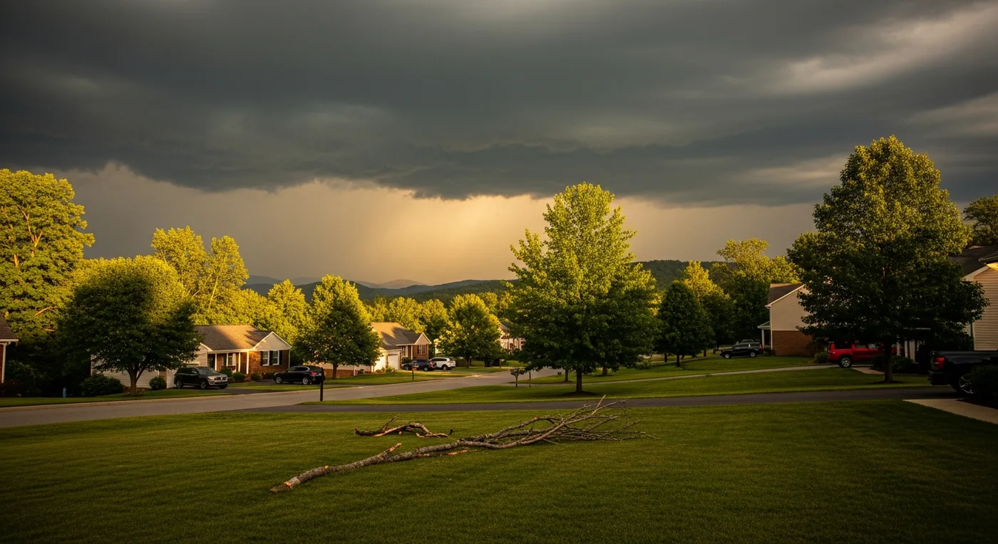 Storm clouds breaking over a Blue Ridge neighborhood with fallen branches