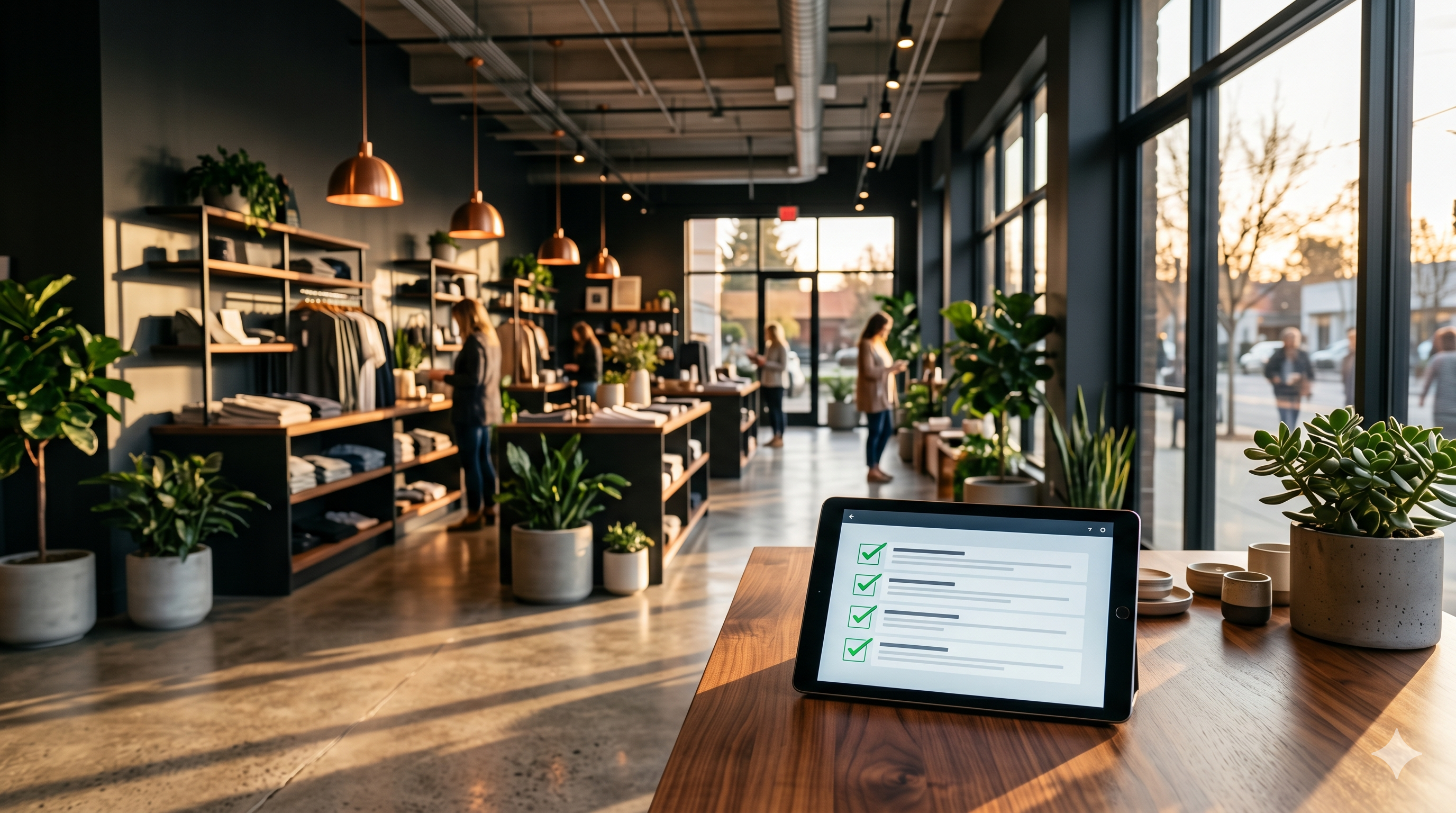 A district manager reviewing a store audit checklist on a tablet inside a modern retail store interior