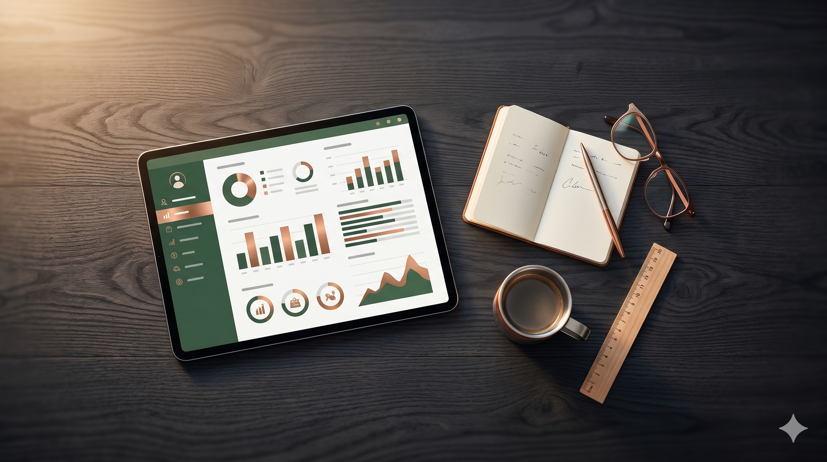Overhead flat-lay of a desk with a tablet showing a retail audit dashboard, a notebook, and a coffee cup — the comparison-shopper aesthetic