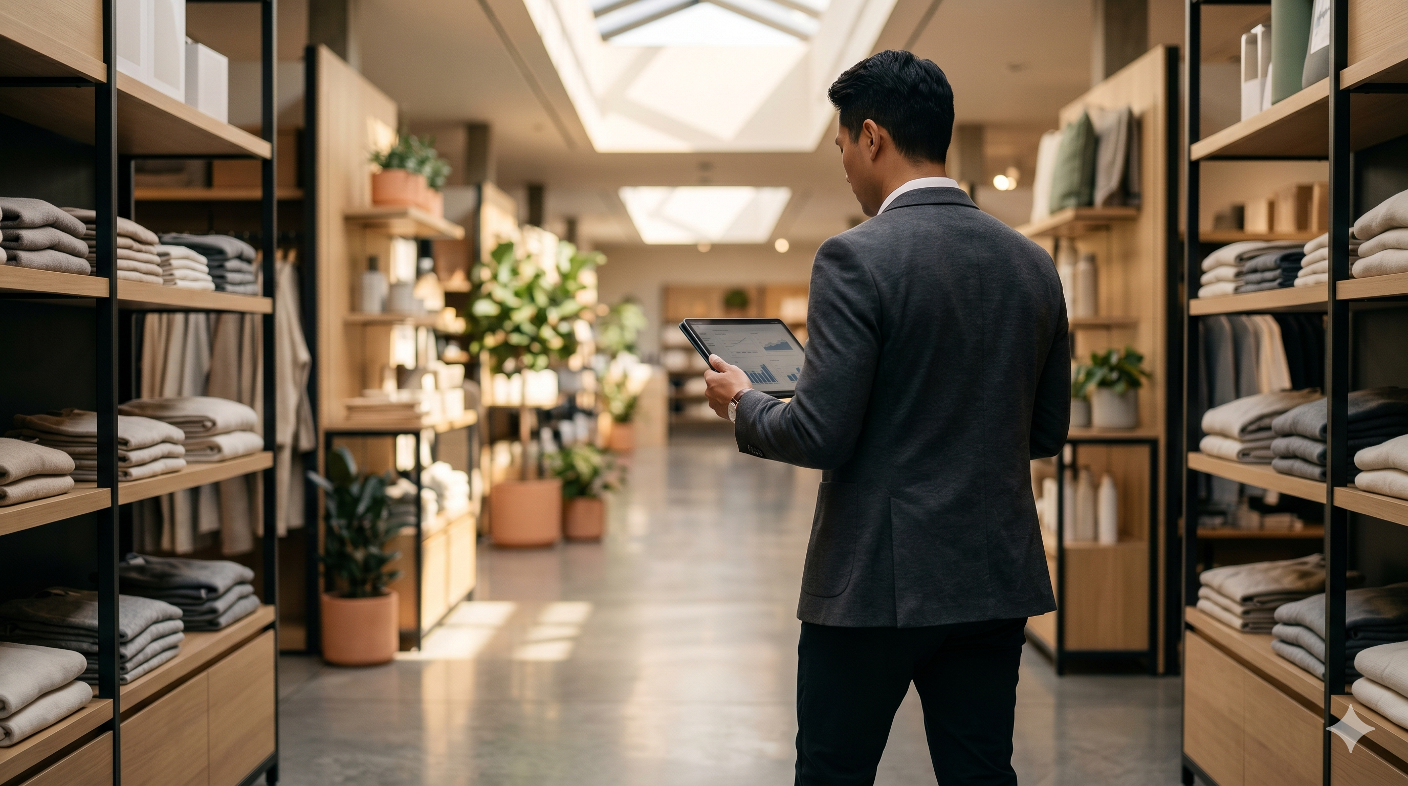 A district manager walking through a modern retail store aisle holding a tablet