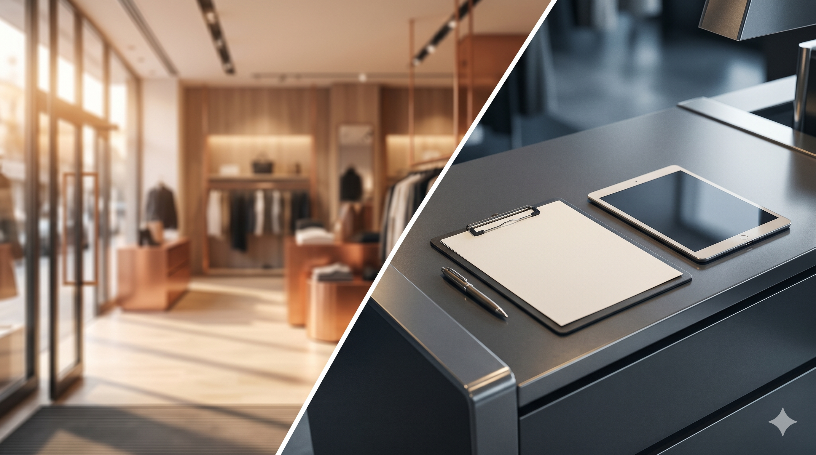 Split-screen image contrasting a customer's POV entering a retail store with an inspector's clipboard on a counter
