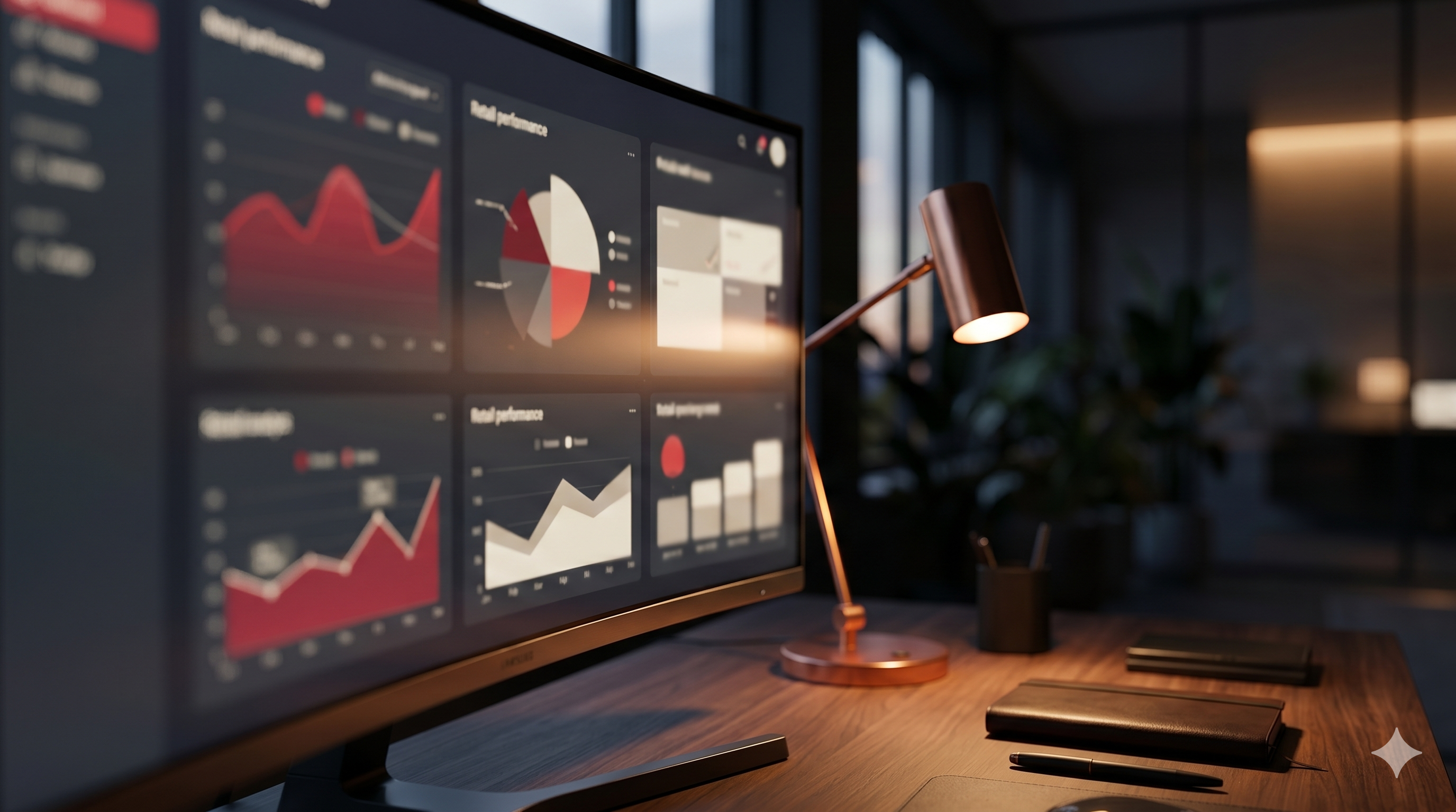 A retail performance dashboard displayed on a curved monitor in a softly-lit office