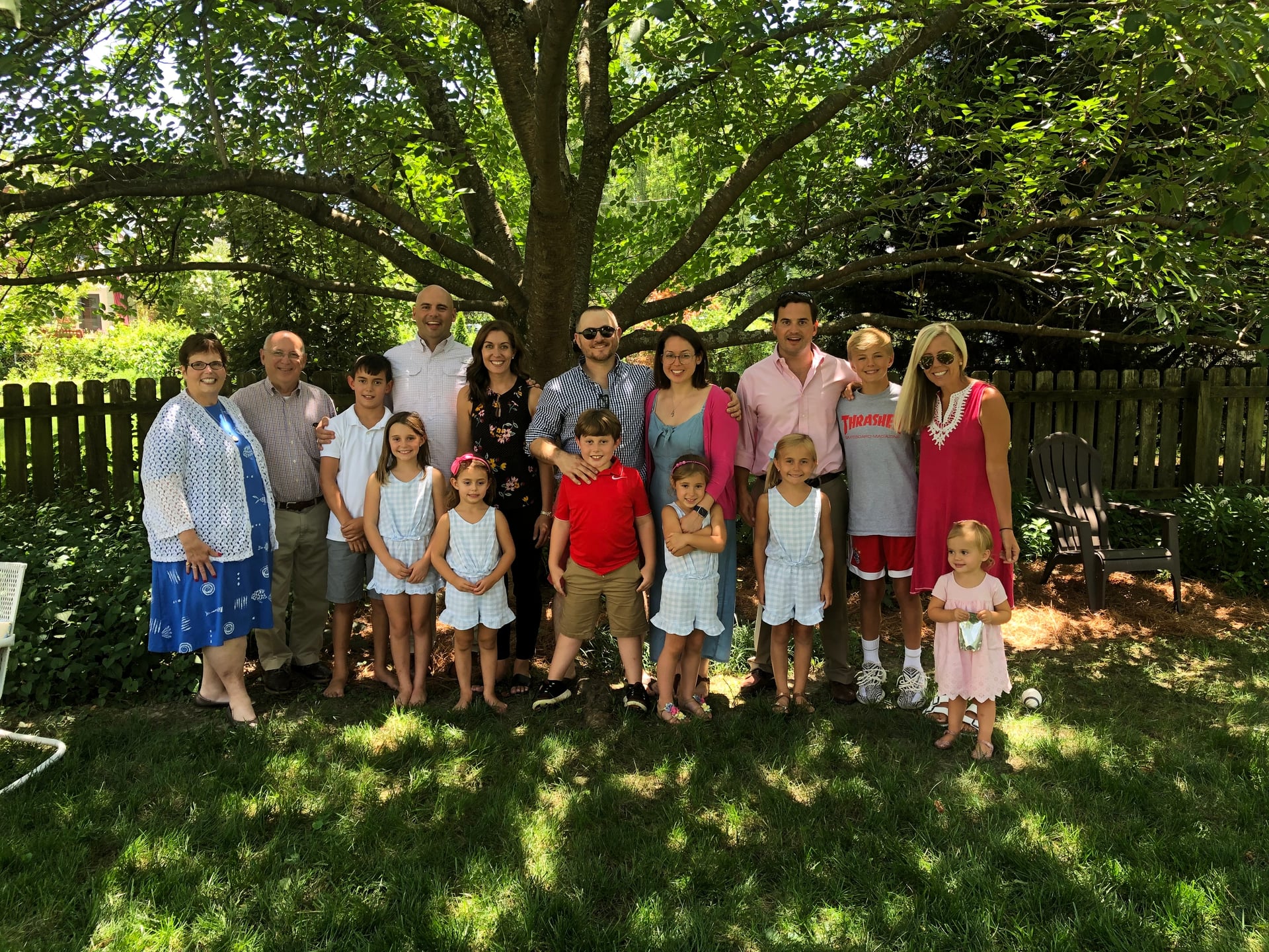 Our whole family together in the backyard, three generations including my mom, Fran, before she passed away
